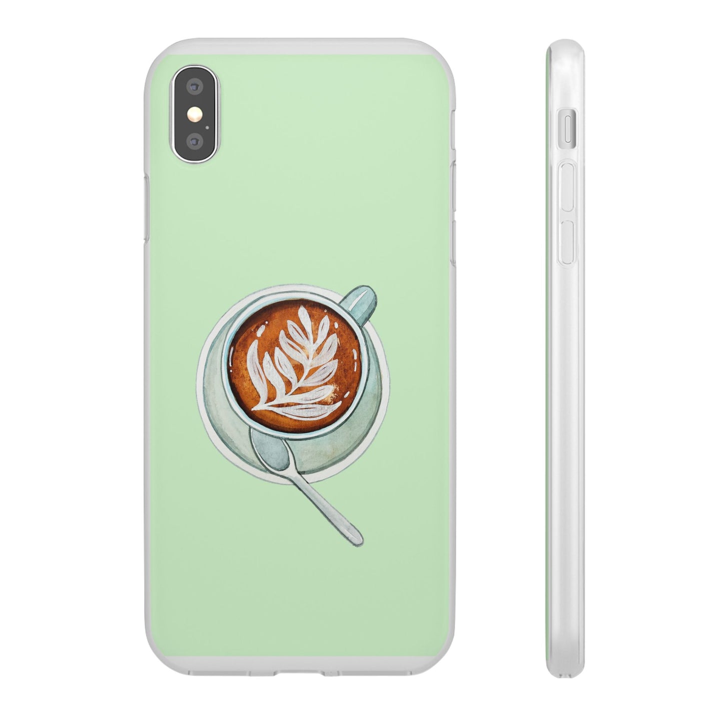 Coffee Art Flexi Cases for iPhone, Cute Phone Cover, Tea Lover Gift, Aesthetic Accessories, Green Leaf Design
