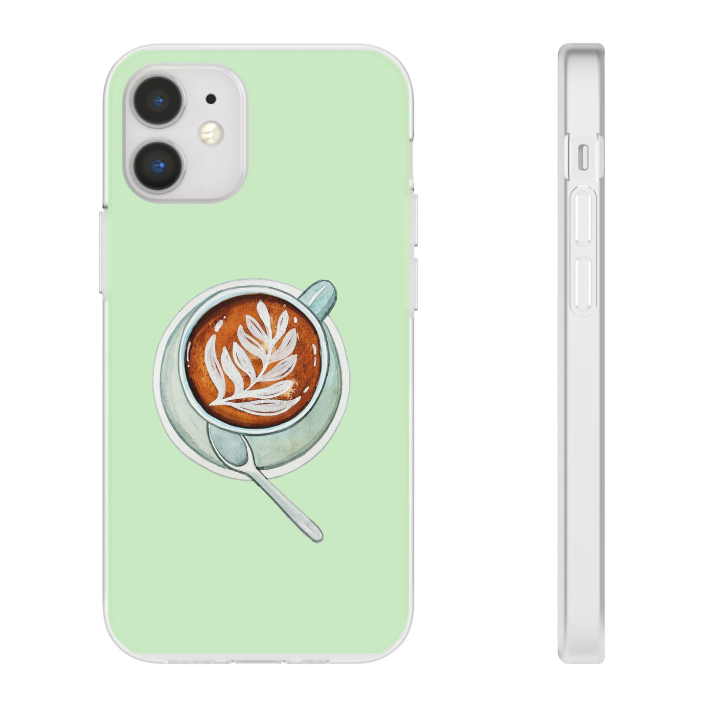 Coffee Art Flexi Cases for iPhone, Cute Phone Cover, Tea Lover Gift, Aesthetic Accessories, Green Leaf Design
