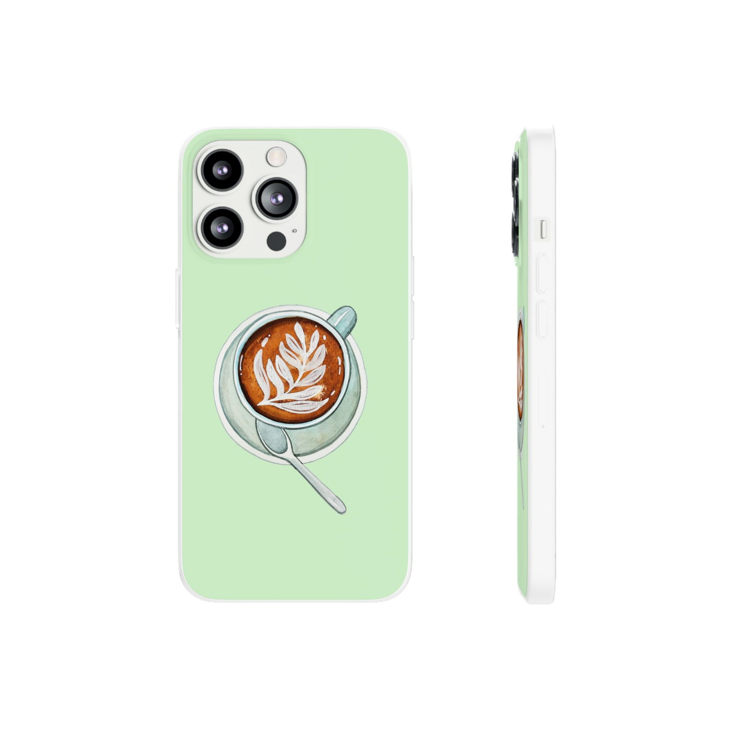 Coffee Art Flexi Cases for iPhone, Cute Phone Cover, Tea Lover Gift, Aesthetic Accessories, Green Leaf Design